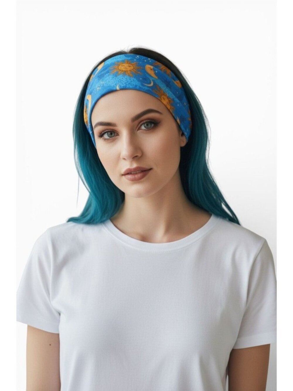 Sun & Moon Printed Stretchy Blue Headband With Vibrant Colors Versatile Fit And